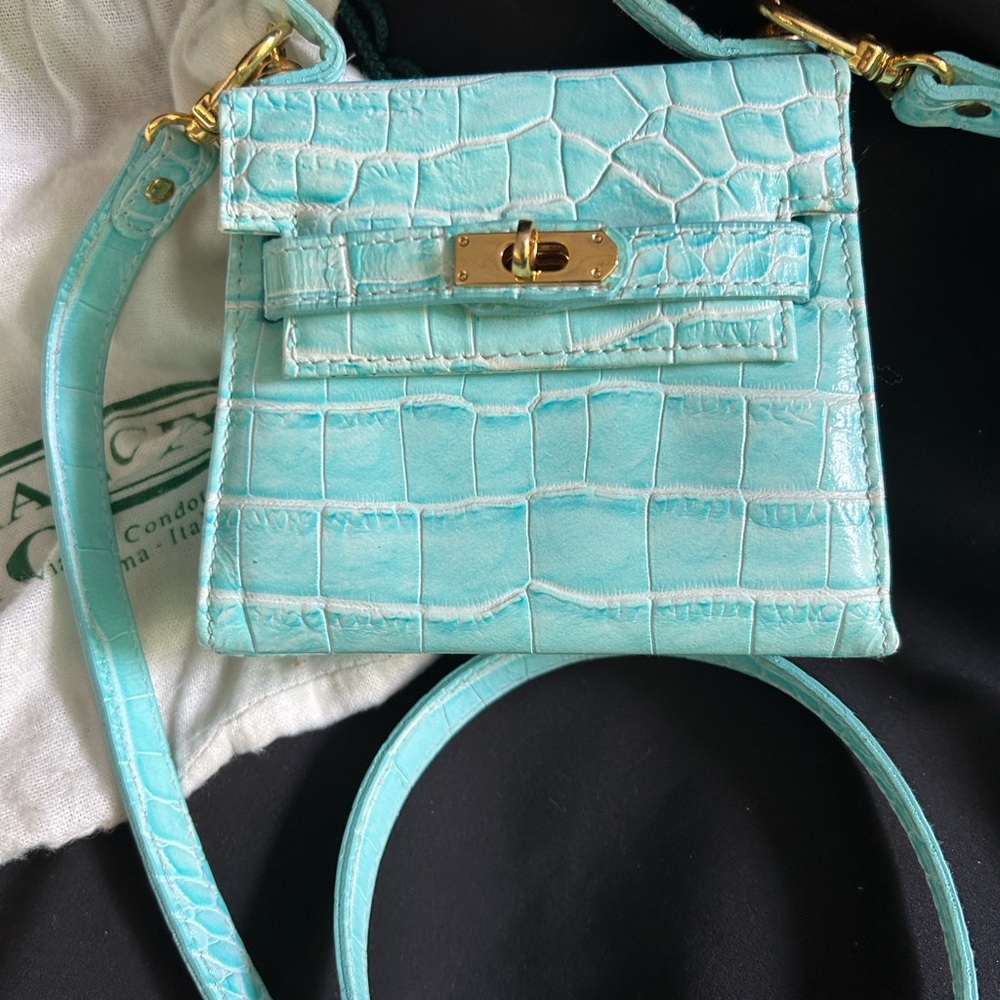 Mini Croc-Embossed Crossbody Bag in Aqua - Picture 2 of 9
